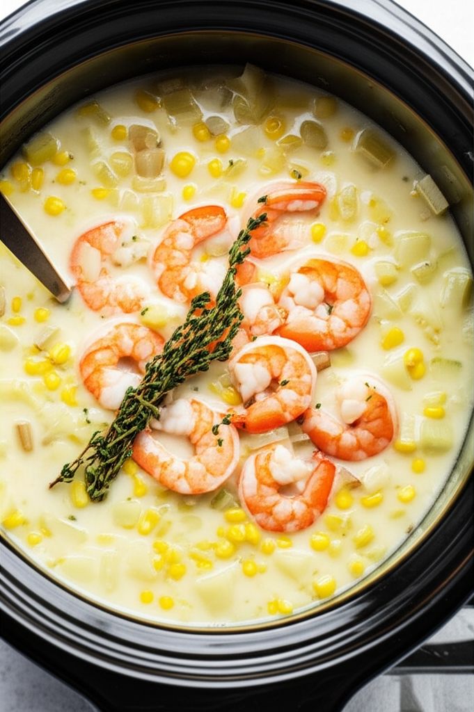 Leek and Potato Soup with Shrimp and Corn