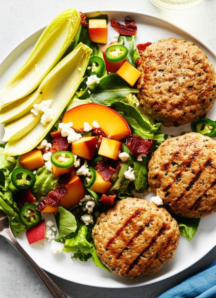Peachy Turkey Burger over Greens with Endive, Bacon, Avocado, and Gorgonzola