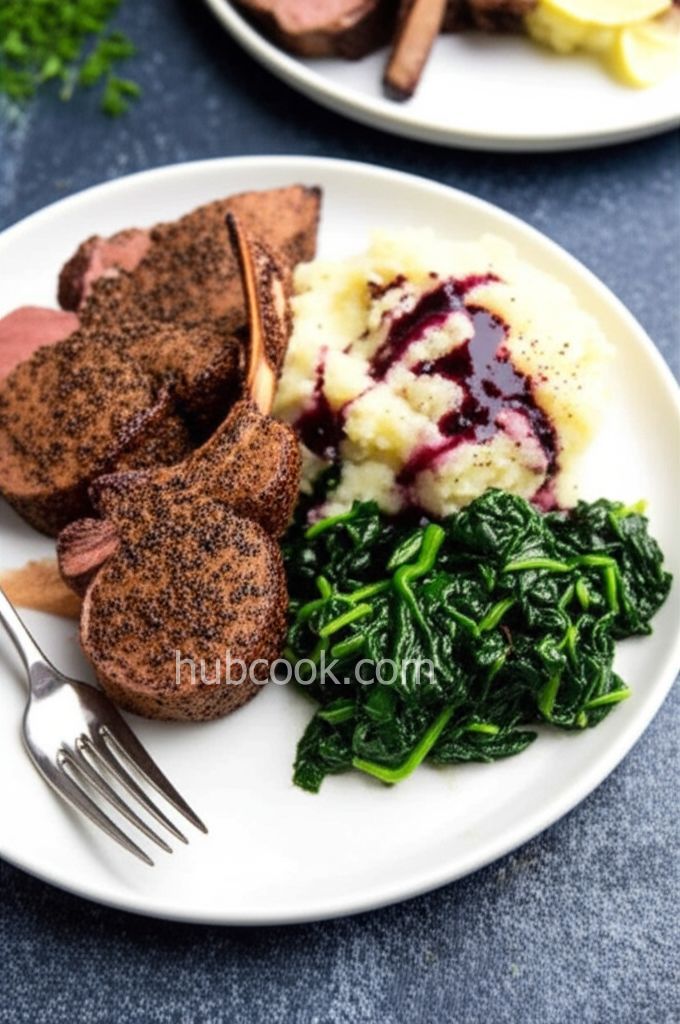 Cumin Lamb Steaks with Smashed Potatoes, Wilted Spinach and Red Wine Sauce