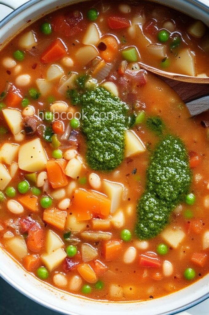 Italian Vegetable Soup with Beans, Spinach & Pesto