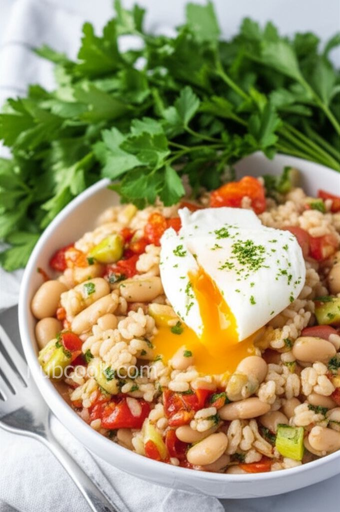 Pesto Risotto with Cannellini Beans, Tomatoes, and Poached Eggs