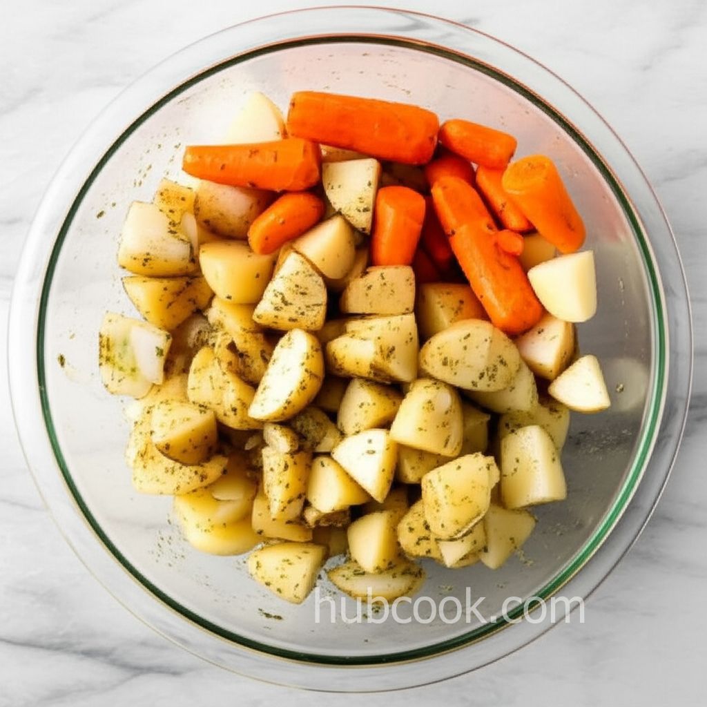 Roasted Potatoes, Onions, and Carrots with Brown Sugar and Balsamic Vinegar