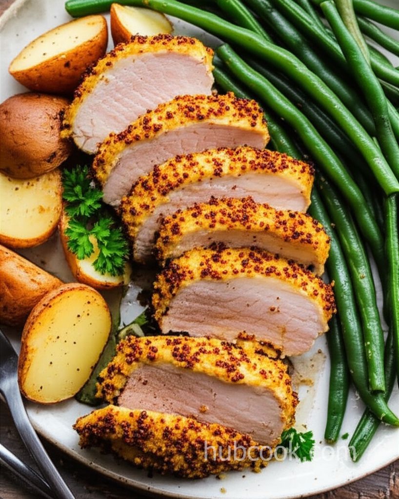 Air Fryer Mustard-Crusted Pork Tenderloin with Potatoes and Green Beans