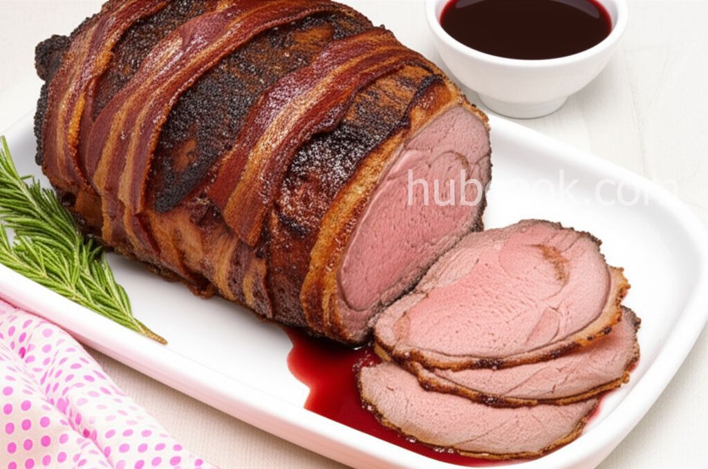 Bacon-Wrapped Leg of Lamb with Red Wine Reduction
