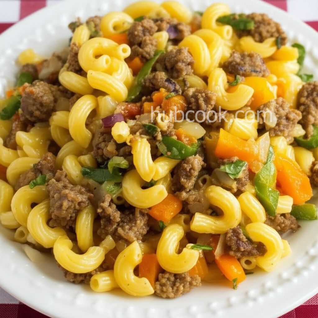 Macaroni and Cheese with Sausage, Peppers and Onions