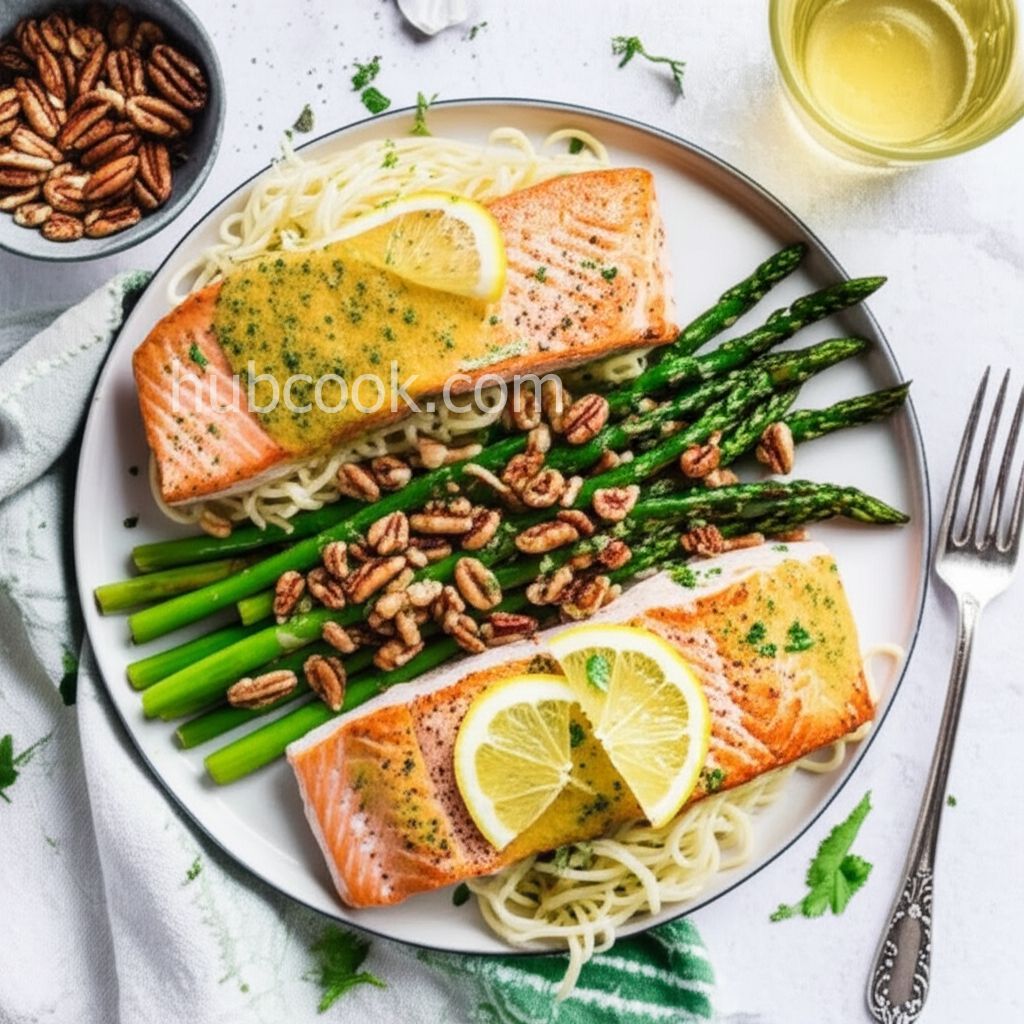 Salmon With Dijon Butter Sauce, Asparagus and Herb Butter Angel Hair Pasta