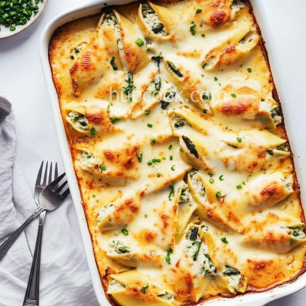 Jumbo Shells with Asparagus, Prosciutto, Ricotta Cheese and Three Cheese Sauce