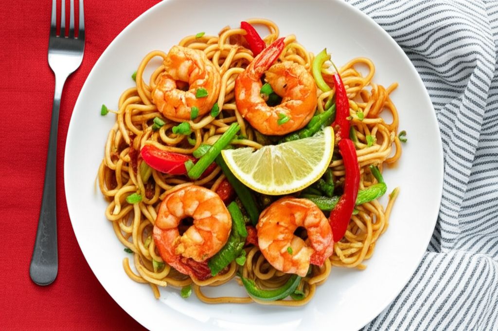 Prawns and Vegetables Over Pan-Fried Udon Noodles