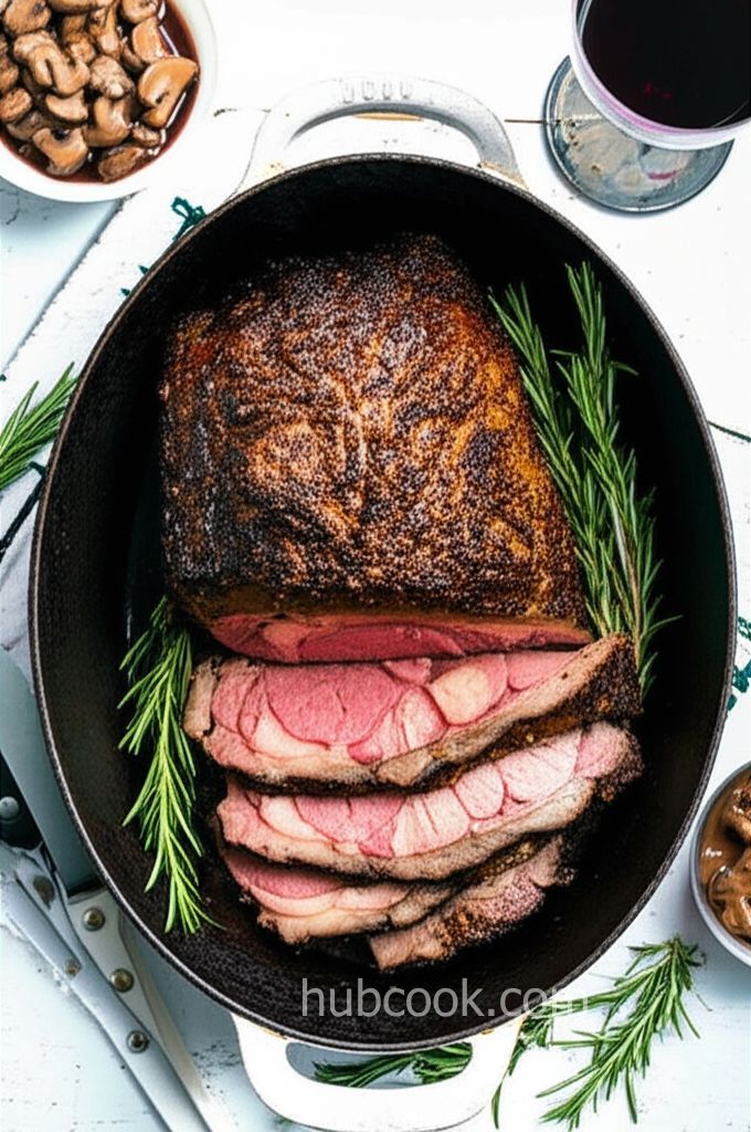 Boneless Garlic and Rosemary Rubbed Prime Rib with Red Wine Mushroom Sauce